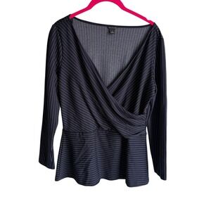 ANN TAYLOR‎ Navy Pin-Stripe Faux Wrap V-Neck Ladies Peplum Top, M